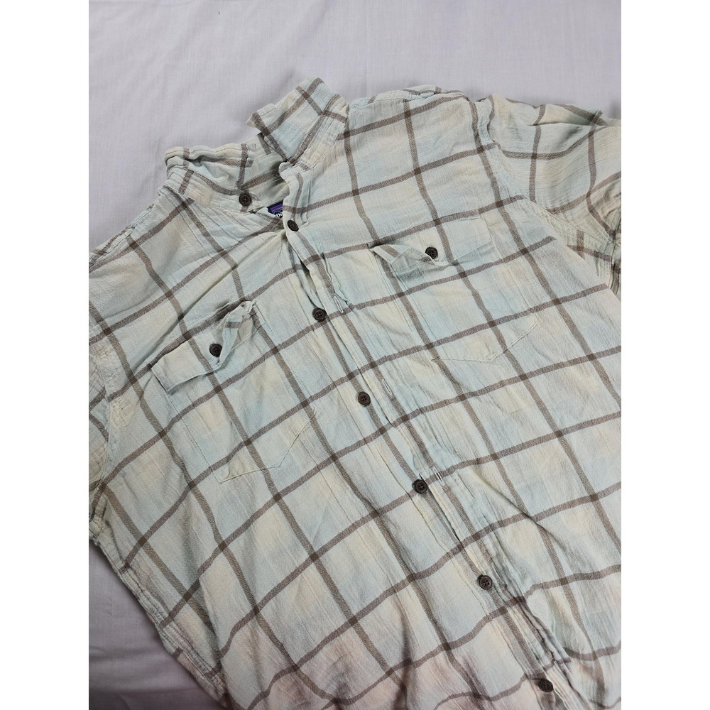 Patagonia Shirt Mens Large Blue Brown Plaid Organic Cotton Short Sleeve Outdoors